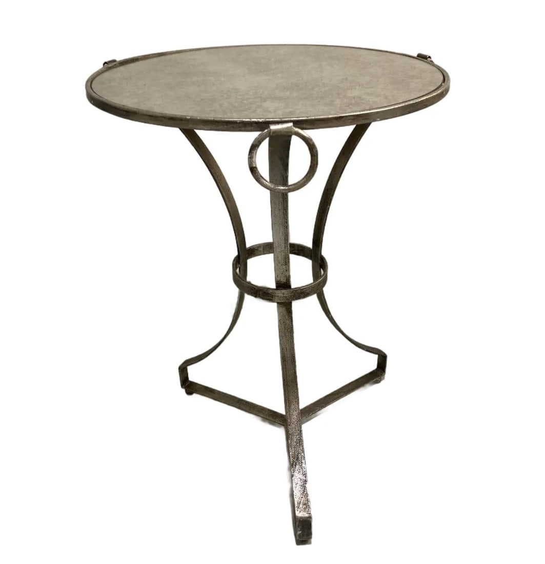 Jansen Gueridon Silver leaf On Metal: 21"W x 21"D x 28"H Jansen Gueridon Silver Leaf on Metal with Antique Glass Inset Top.