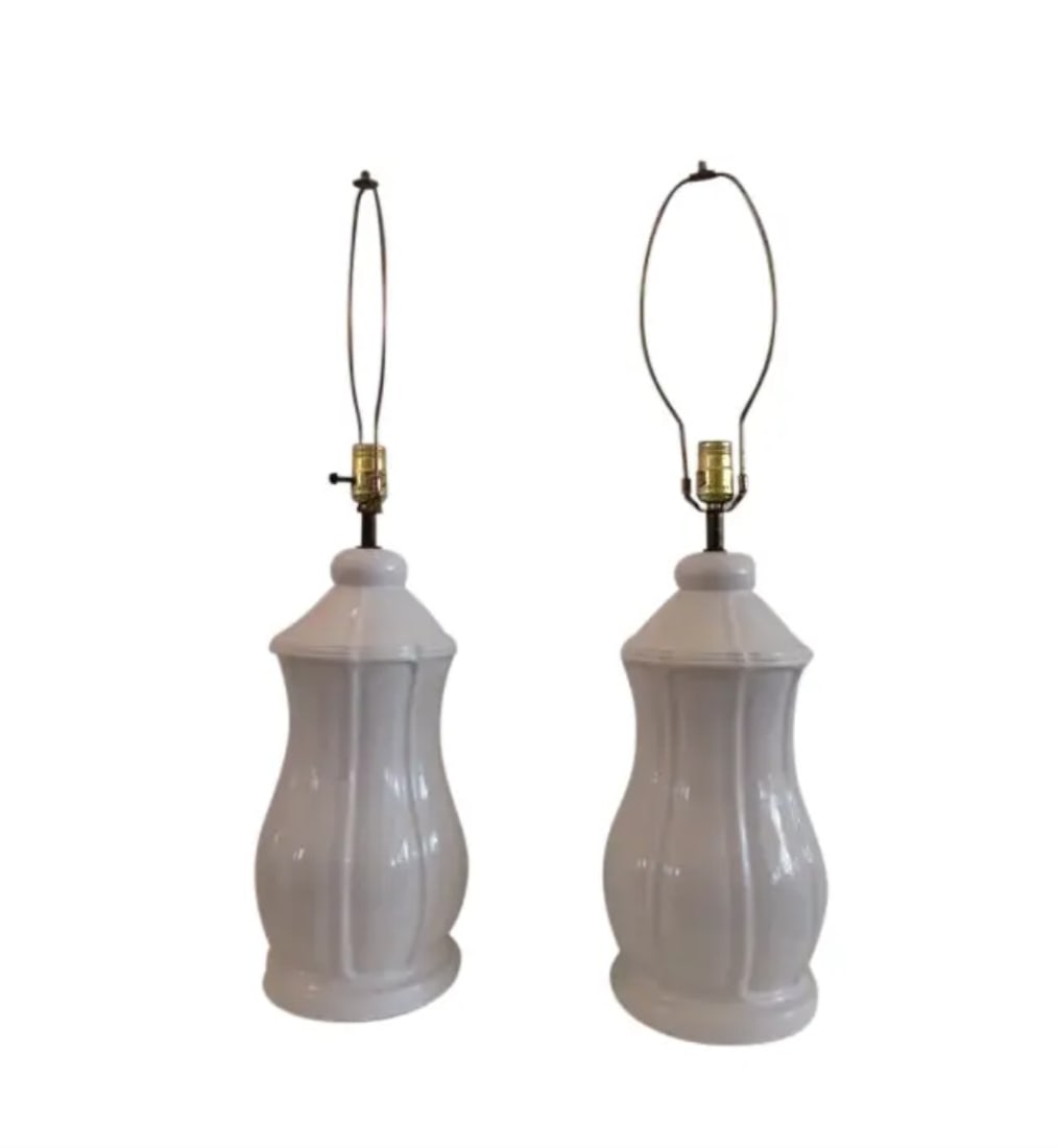Hollywood Regency Blanc Pottery Table Lamps-Pair: 8"W x 8"D x 30"H Hollywood Regency Blanc Pottery Table Lamps-Pair