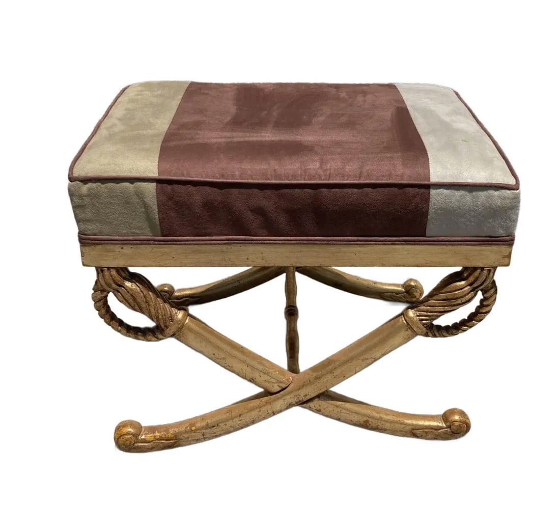 French Empire Sword Ottoman: 23"W x 16"D x 18"H French Empire Sword Ottoman with Gilt Finish. Nice upholsterry work.