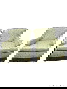 Set of 2 Mint Green Upholstered Club Chairs: 2 upholstered club chairs in a beautiful mint green with tasseled bottoms. There is some staining on the bottoms of the chairs that needs to be cleaned. Price is reflective of this.