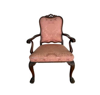 French Upholstered Side Chair: French style upholstered in blush color damask fabric with a wood frame. The upholstery does have a couple marks (could stand to be reupholstered in a fabric of your choosing).
