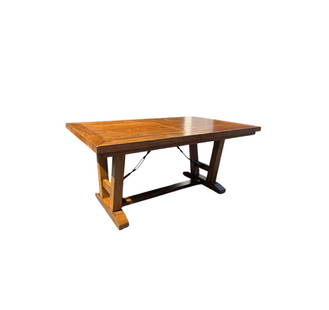 Rustic Solid Wood Cherry Dining Table: Rustic cherry wood dining table with one leaf. Sophisticated spin on a casual style table. The bottom black beams give it a modern look. There is a slight ring on the one side of the table but not sup