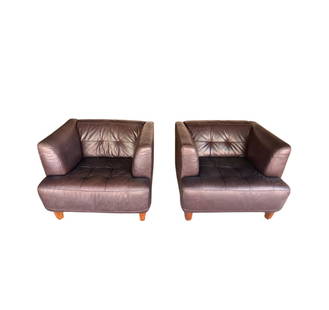 Pair of Contemporary Club Chairs: Handsome pair of dark brown club chairs. In good condition except on the back corner where a cat picked them but no rips. Price reflects this. From the 2000?s. 180 each!