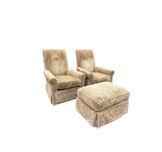 Set of Club Chairs & Matching Ottoman: Upholstery is a cut velvet in taupe. There are some marks on both chairs from use (you can see in the photos). They could use a good steam cleaning! Nice clean line skirts on both chairs & ottoman.