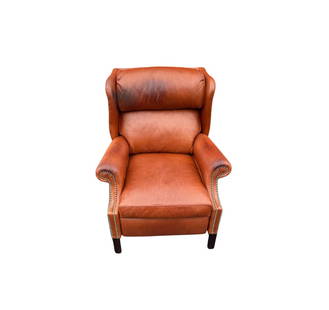 Leather Reclining Chair: Distinguished and super comfy, high back recliner in a warm copper color leather with nailhead trim. In good condition, just the headrest and armrest could use a leather cleaner.