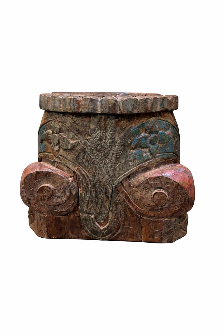 Vintage Hand-Carved Wood Candle Holder Base: Distinctive hand-carved wooden candle base featuring bold architectural carving and beautifully aged wood. The piece is detailed with flowing scroll forms and floral-style relief carving, giving it a