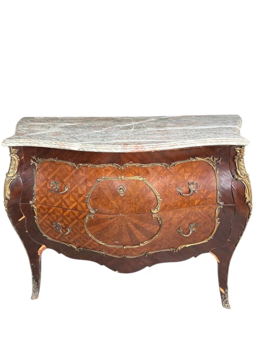 Antique French Louis XV-Style Bombe Marble-Top Commode with Parquetry Inlay (1 of 11)