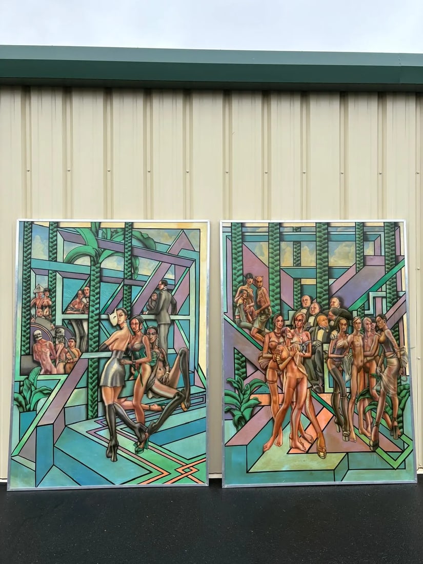 Pair of Monumental Figurative Surrealist Paintings, Signed John H.H. 1974: This striking pair of large-scale original paintings presents a bold, theatrical vision of human figures within geometric, architectural environments. Signed ?John H.H. 74?, the works date to 1974 and