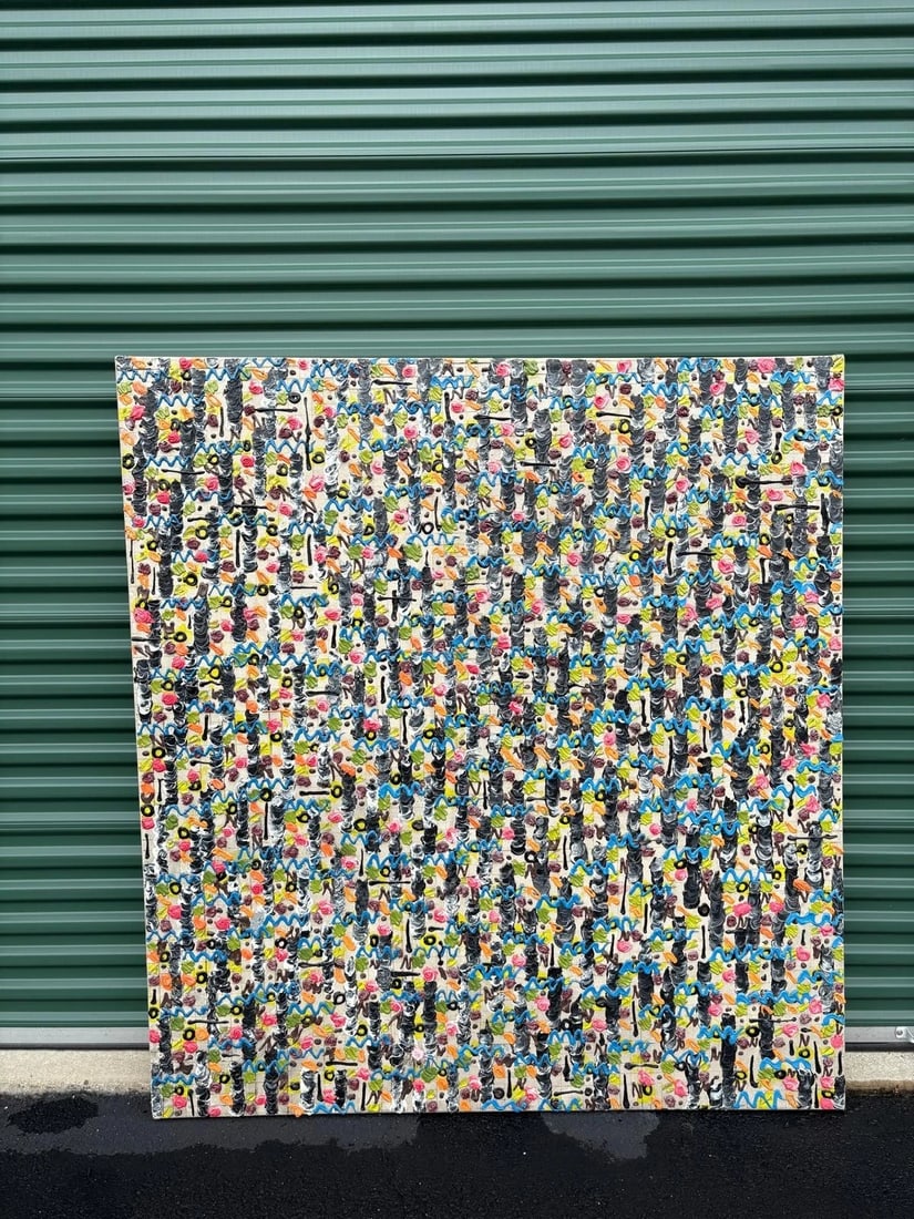 Large Original Impasto Abstract Painting by Shannon P. Williams: This large-scale abstract painting is a vibrant explosion of color and texture, featuring thick impasto strokes and dynamic layers of paint applied in rhythmic, almost calligraphic patterns. The artis
