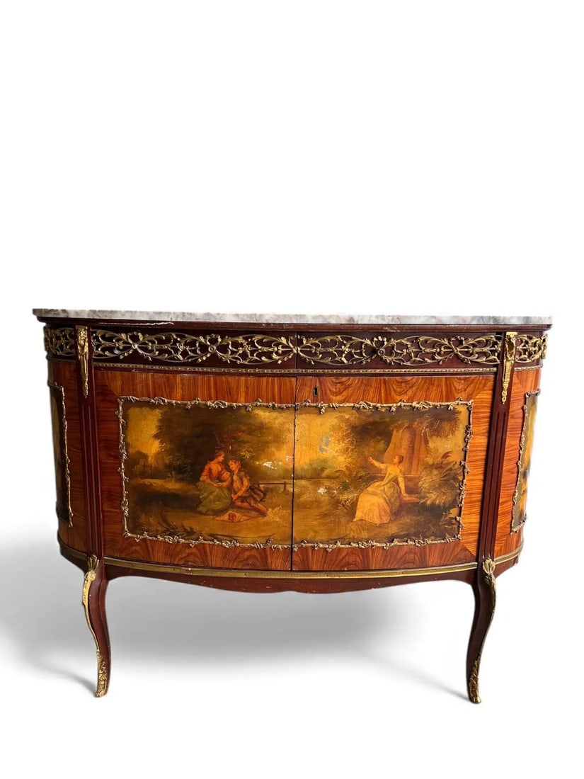 Antique French Louis XV Style Hand Painted Marble Top Demi-Lune Cabinet (1 of 12)
