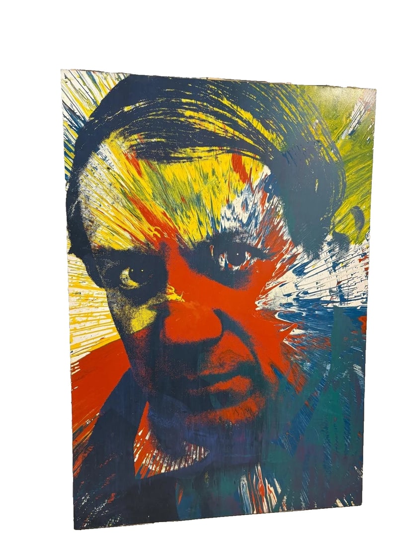 Original Monumental Pop Art Portrait - Red Picasso: A striking, large-scale pop art portrait ?Red Picasso? bursting with color, movement, and visual energy. Created in 1990, this dramatic piece combines bold screen-print style halftone detailing with e