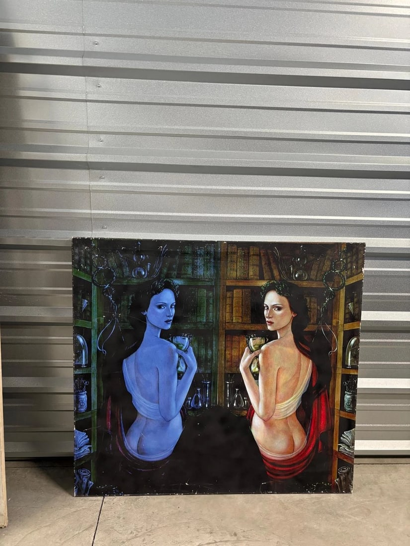 Surreal Dual Portrait Painting: This striking large-format artwork features a dual portrait of two women, one rendered in cool, ethereal blue tones and the other in warm, natural hues. The composition blends realism with fantasy, gi