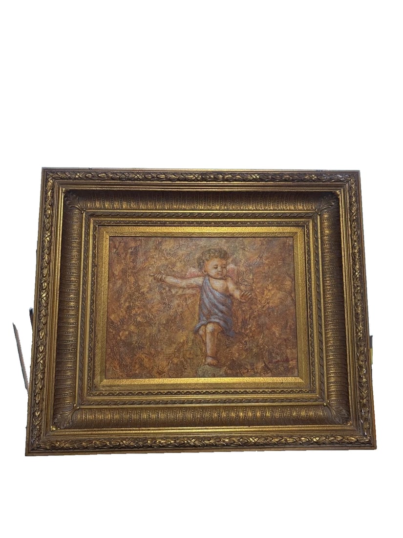 19th Century Cherub in Motion Signed Textured Oil Painting in Ornate Gilt Frame (1 of 4)