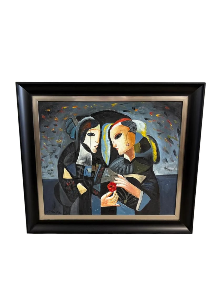 Oil Painting by Oleg Zhivetin Friendship Framed: A striking modernist painting by O. Zhivetin, featuring two stylized figures exchanging an apple in a rich Cubist-influenced, expressionist style from 1998. Bold geometric shapes, dramatic faces, and 