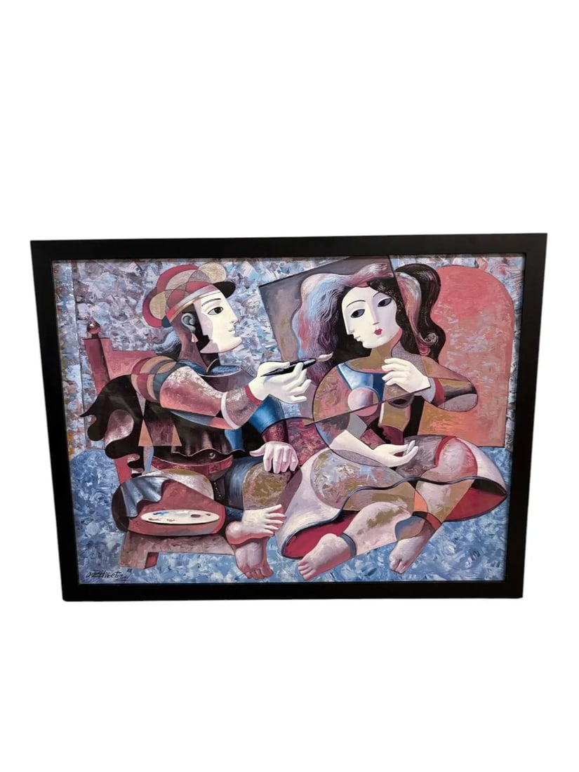 Signed Oil Painting by Oleg Zhivetin Framed: This oil painting is a professionally framed, artist-signed work by O. Zhivetin, an artist known for his bold, modernist compositions that blend Cubist geometry with a warm, expressive figurative styl