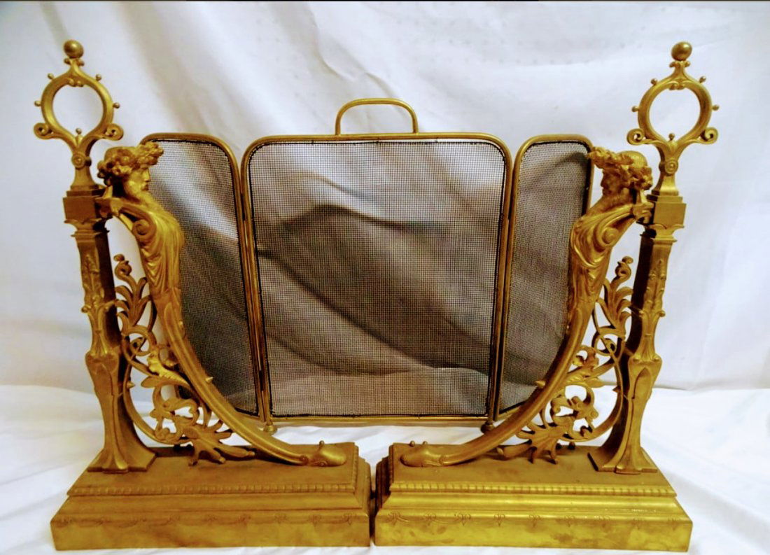 PAIR 19TH CENTURY FIGURAL BRONZE CHANETS W/SCREEN: PAIR 19TH CENTURY FIGURAL BRONZE CHANETS W/SCREEN 23 1/2" 4 1/2" X 15 1/2"