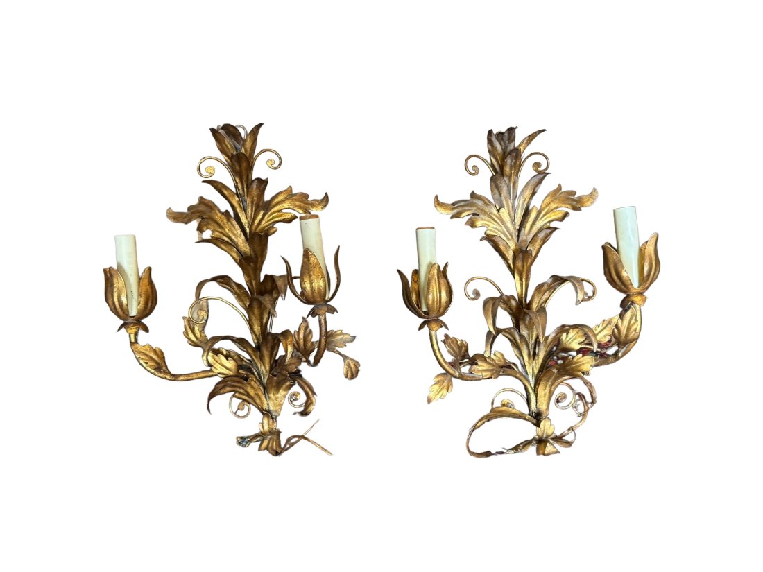Pair of gilt metal 2 light wall sconces (1 of 2)