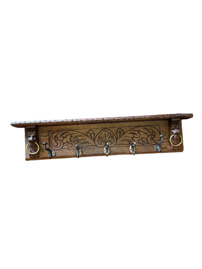 Italian oak shelf with hooks: Italian antique shelf with hooks . H 7” L 34”