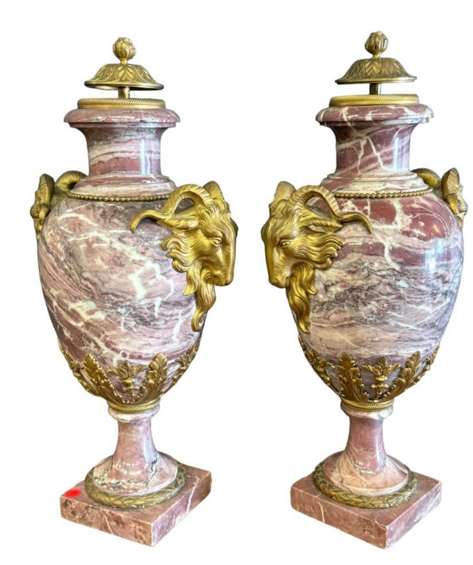 Super quality 19th C dore bronze and marble urns with rams heads flanking each side. (1 of 6)