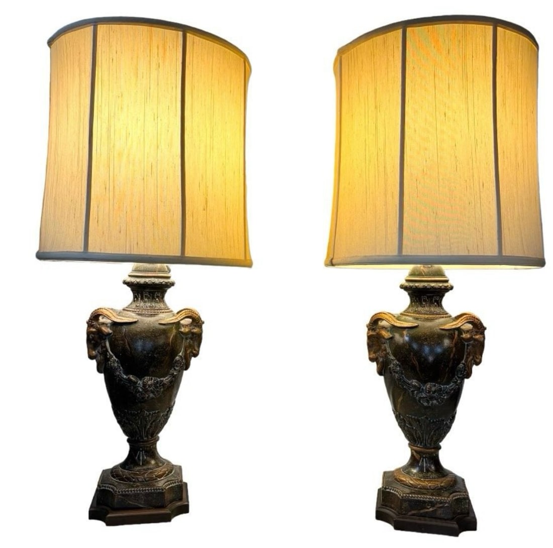 Frederick Cooper Neoclassical or Louis XV style table lamps: Frederick Cooper Neoclassical or Louis XV style table lamps with simulated Verde marble and molded ram's head handles to each side issuing draping floral garlands. Both with original shades! dimension