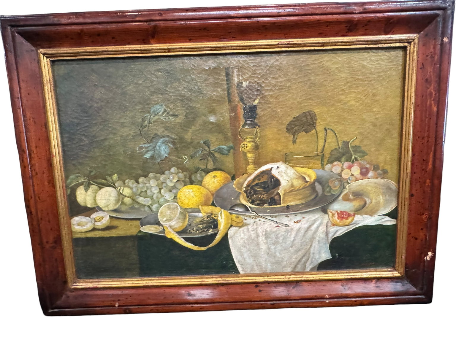 19/20th C oil on canvas still life of fruit , signed: 19/20th C oil on canvas by Trevor James signed lower right , overall H26.5” W 36.25”