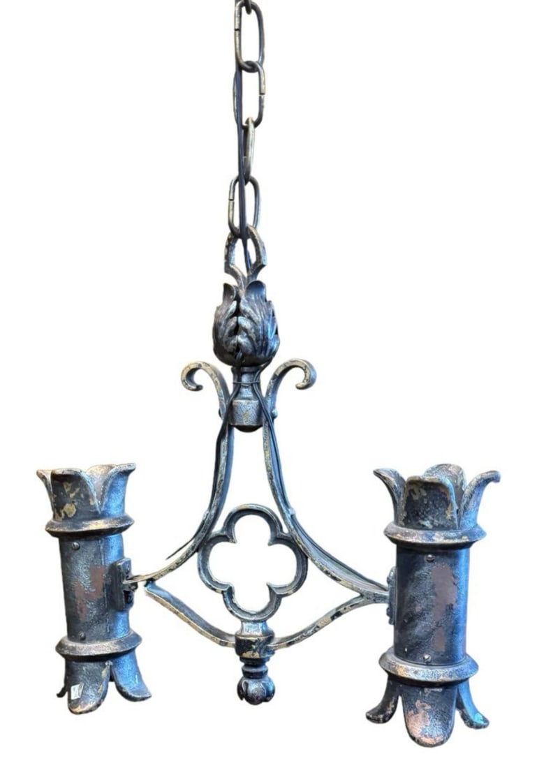 19th C iron two light chandelier . (1 of 4)
