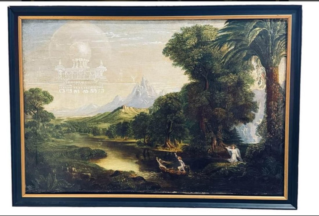 Thomas Cole (after)19cHudson River Valley school oil on canvas titled Voyage of life: Thomas Cole (after)19cHudson River Valley school oil on canvas titled Voyage of life. 49”x34”