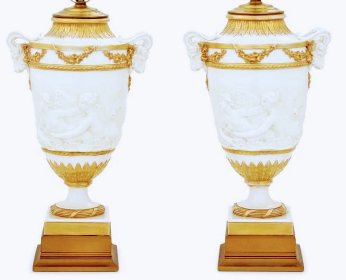 Pair of Neoclassical Porcelain Urns of Sevres Inspirationnow mounted as lamps, (1 of 8)