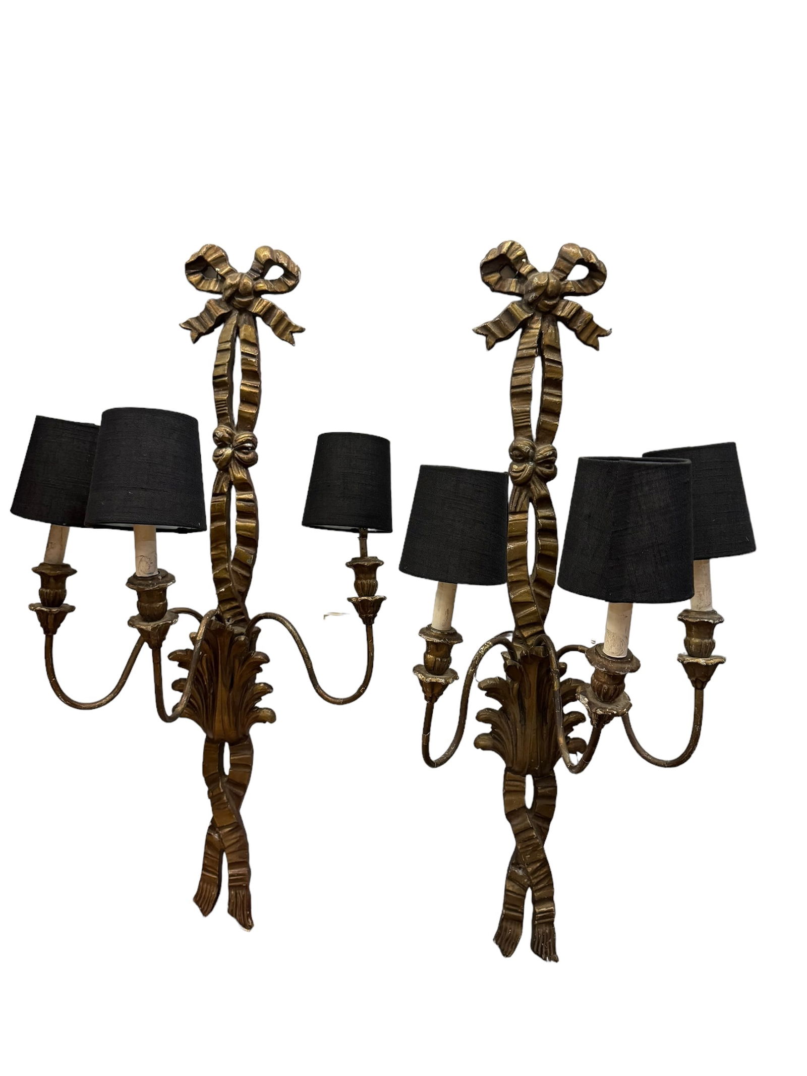 Large Pair of bronze and wood 3 light wall sconces (1 of 4)