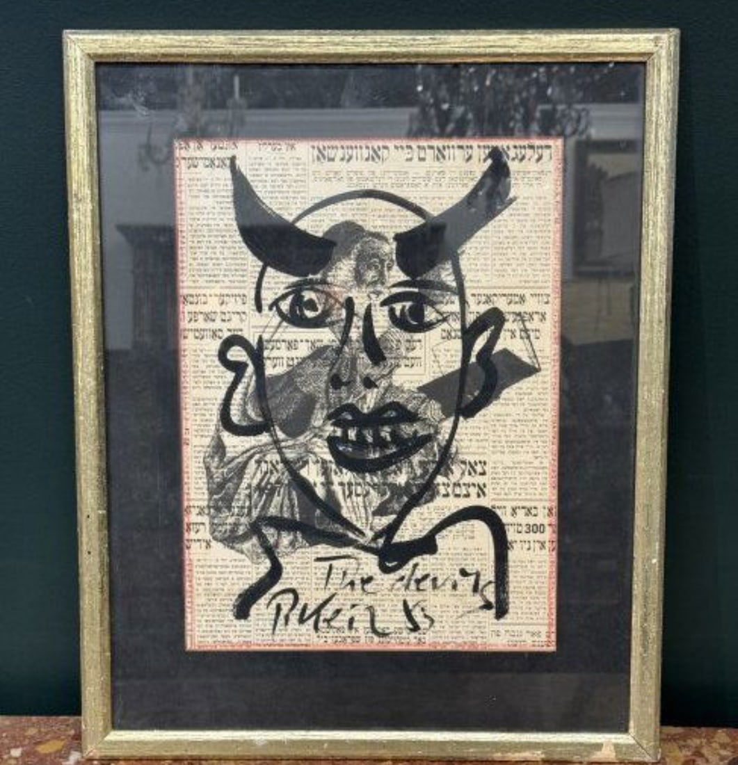 Peter robert Keil painting on newspaper, titled The New Yorker and signed and dated on verso.: Peter robert Keil painting on newspaper, titled The New Yorker and signed and dated on verso. H 21.5"W 17"