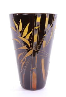 CORREIA Art Glass Limited Edition Signed Vase: A beautiful etched glass art vase with bamboo. Brown cut to amber glass. Made by Correia. Signed with edition number on base. Dimensions: H: 12.5” x L: 8” x W: 8"