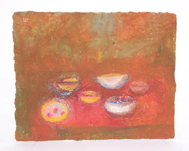 PHILOMENE BENNETT Oil Pastel Conemporary Painting: An original oil pastels on hand-made paper still life painting by listed artist Philomene Dosek Bennett (American, b. 1935). Signed Philomene ’06 lower left recto. Provenance: From the estate of