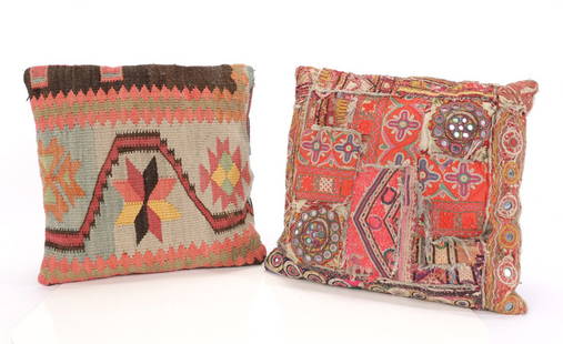 Tapestry & Woven Kilim Rug Textile Pillows Pair: A pair of decorative pillows. One woven wool Kilim rug fabric and one Indian tapestry. From the estate of Philomene Dosek Bennet and Louis Marak. Dimensions: H: 13” x L: 14” x W: 3"