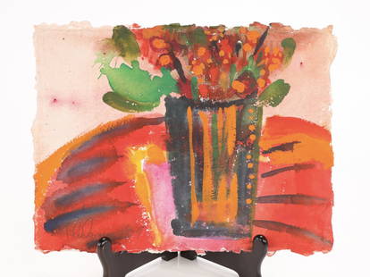 PHILOMENE BENNETT Watercolor Painting Contemporary: A still life painting by listed artist Philomene Dosek Bennett (American, b. 1935). Watercolor on handmade paper. Signed lower left recto “Philomene ’09”. Provenance: From the estate of