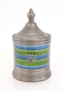 Mid Century Italian Lidded Pottery Urn School of Bitossi: A Mid-Century Modern Italian pottery lidded vessel. Marked on base. In the manner of Aldo Londi Bitossi. Dimensions: H: 10” x L: 5.5” X W: 5.5"