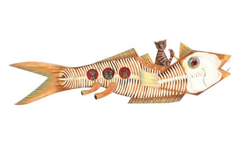 ROBERT SHIELDS Design Wall Plaque: A wall plaque by Robert Shields Design with a cat riding in a fish ship. Molded resin. Signed on back. Dimensions: H: 4.5" x L: 16" x W: 1/2"
