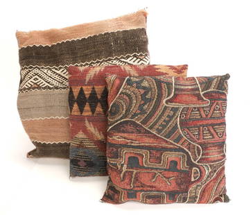 Woven Kilim Rug Decorative Throw Pillows Group: A group of three woven tapestry and Kilim style decorative throw pillows. Dimensions: H:16” x L:17” , 11.5” square, H: 11” x L:12”
