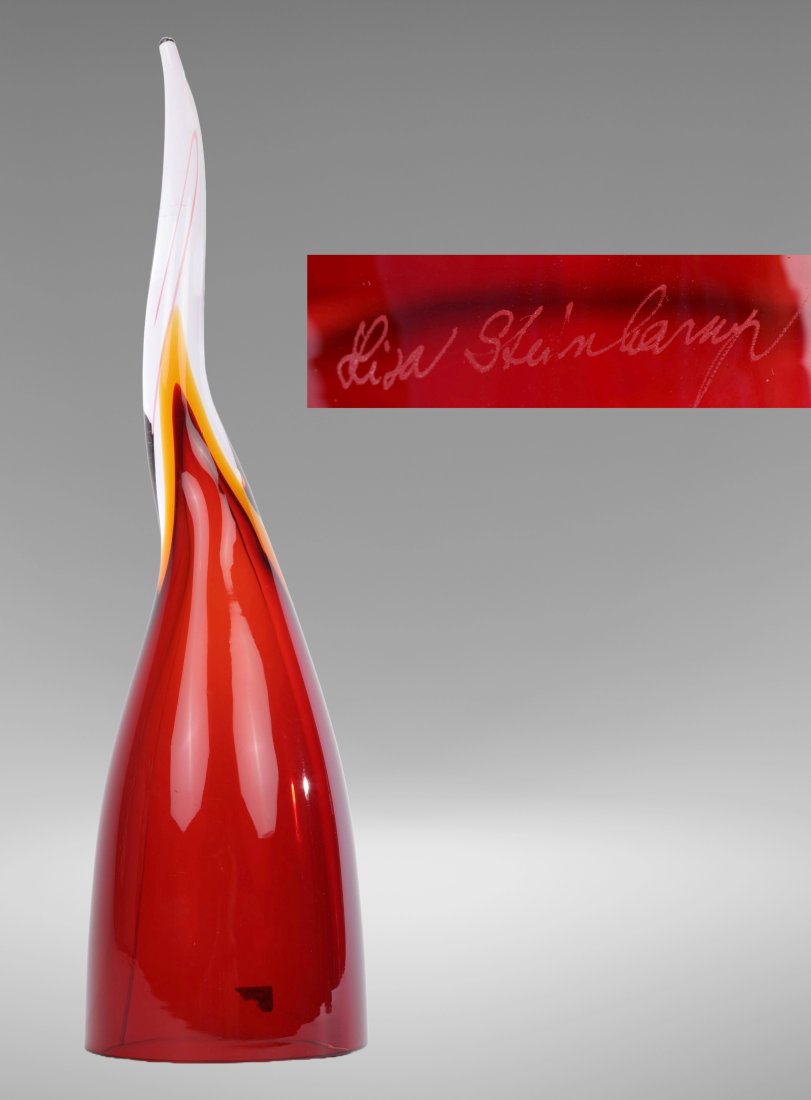 LISA STEINBAUGH Art Glass Sculpture: A unique contemporary hand blown studio art glass sculpture by artist Lisa Steinbaugh. Signed lower outer rim. Measures: 23” tall x 6” base diameter
