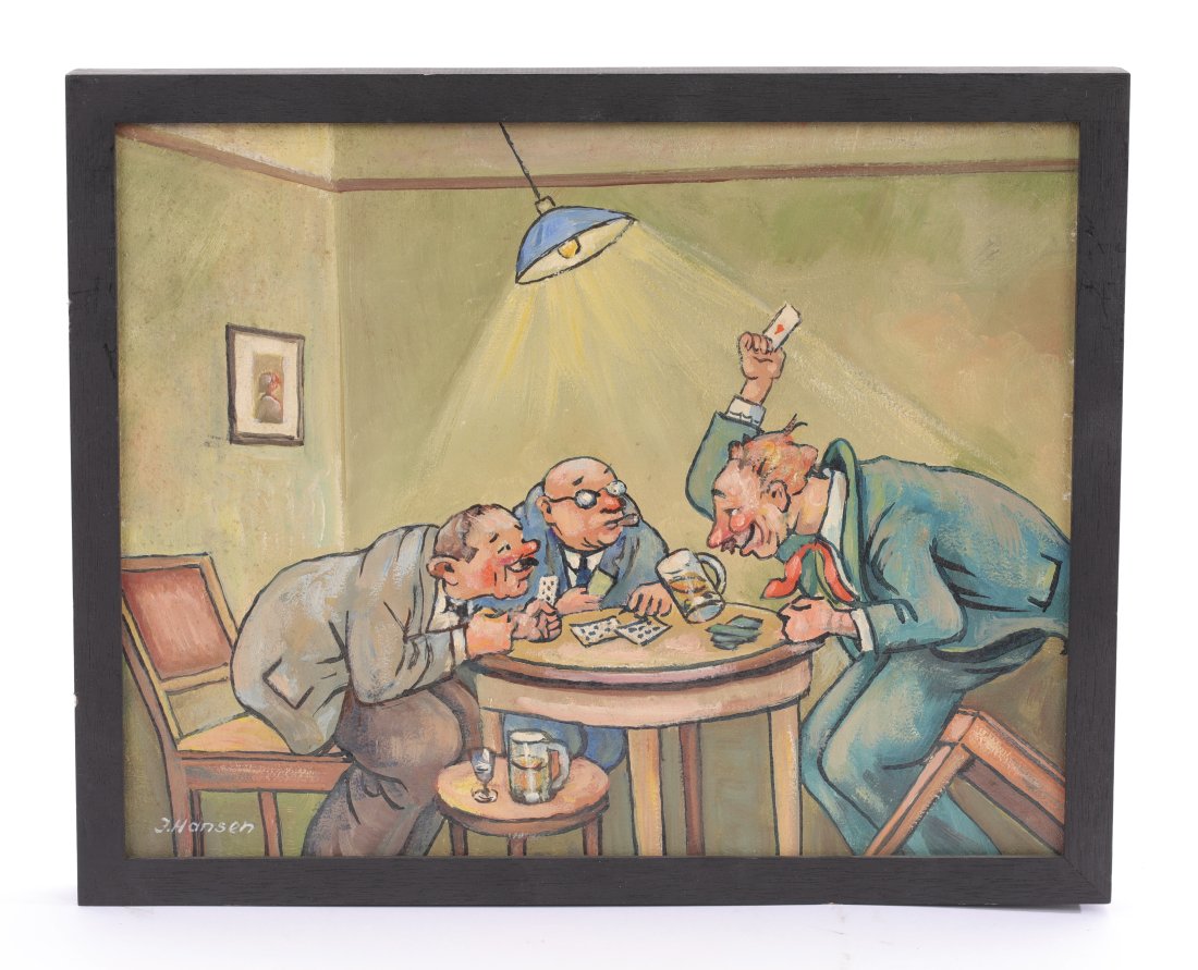 F. HANSEN OIL/CANVAS PAINTING: An original oil on canvas painting in an illustration style by German artist F. Hansen. Signed lower left recto. Nicely framed with Dolphin Gallery tag on verso. Measures: 13.5” x 11”