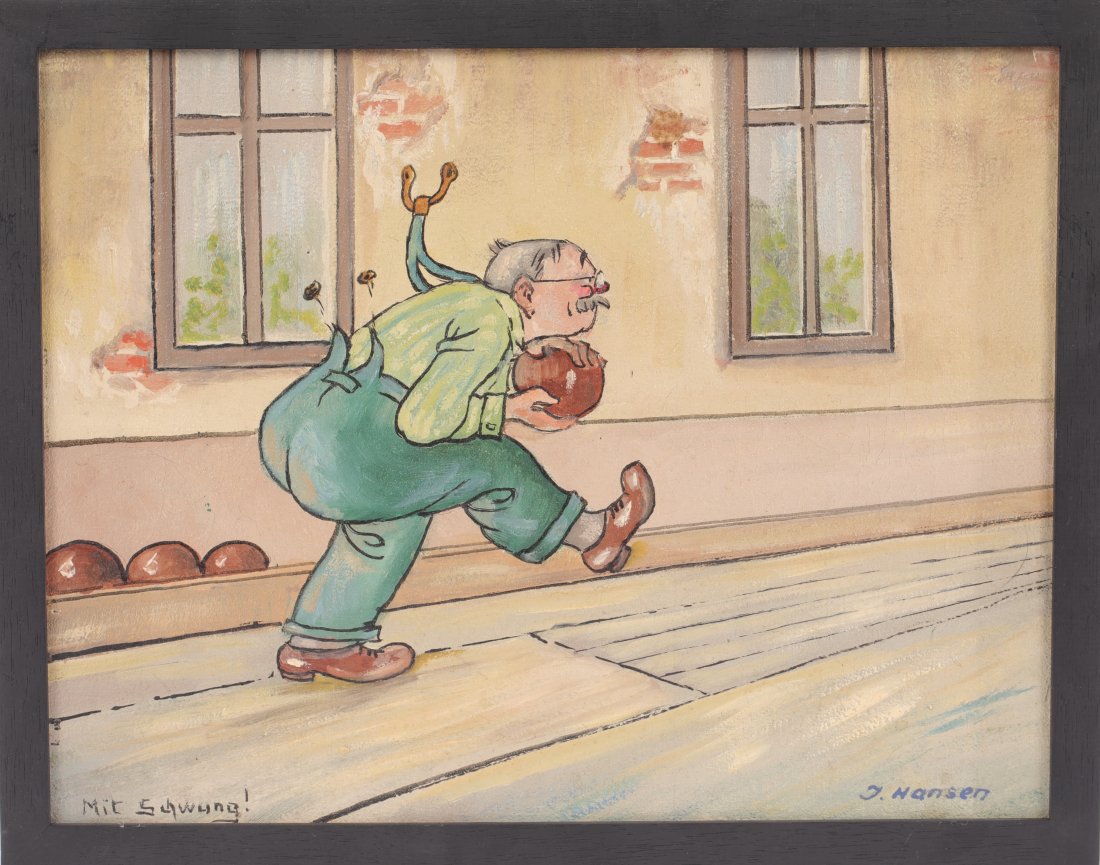 F. HANSEN OIL/CANVAS PAINTING: An original oil on canvas painting in an illustrative style by German artist F. Hansen. Signed lower right recto. Inscription “Mit Schwung” (With Swing) Nicely framed with Dolphin Gallery tag 