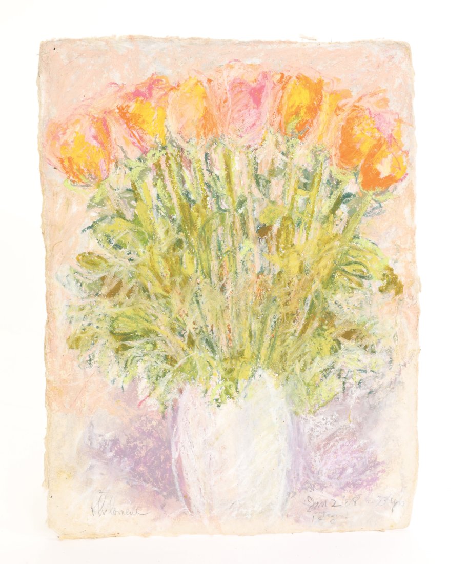 PHILOMENE BENNET Oil Pastel Drawing: An oil pastels on hand made paper still life painting by listed artist Philomene Dosek Bennett. Signed lower left recto. Provenance: From the estate of Philomene Dosek Bennet and Louis Marak. Measures