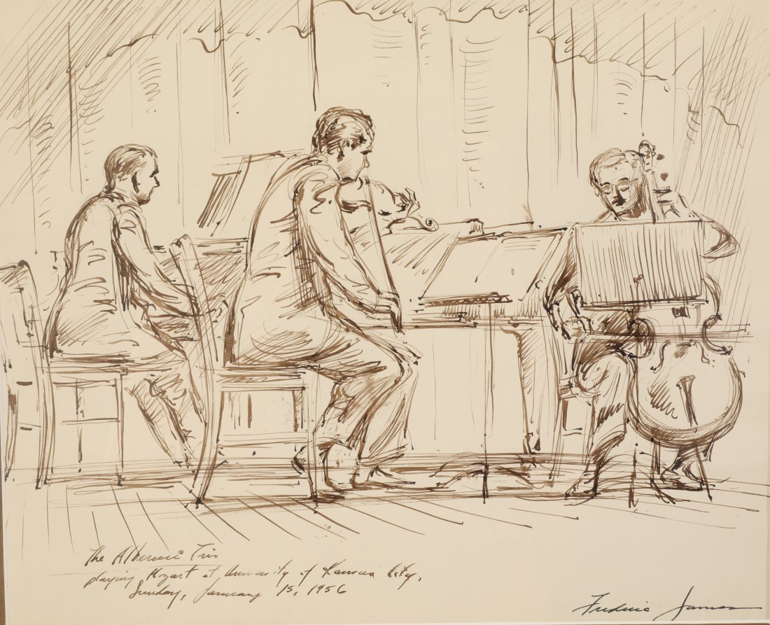 FREDERIC JAMES Ink/Paper Sketch: An ink on paper sketch of a trio of musicians playing at UMKC. Dated 1956. Signed lower right recto. Nicely framed under glass. L: 20” x H: 17’ x W; 2” Artist bio:A talented painter marr