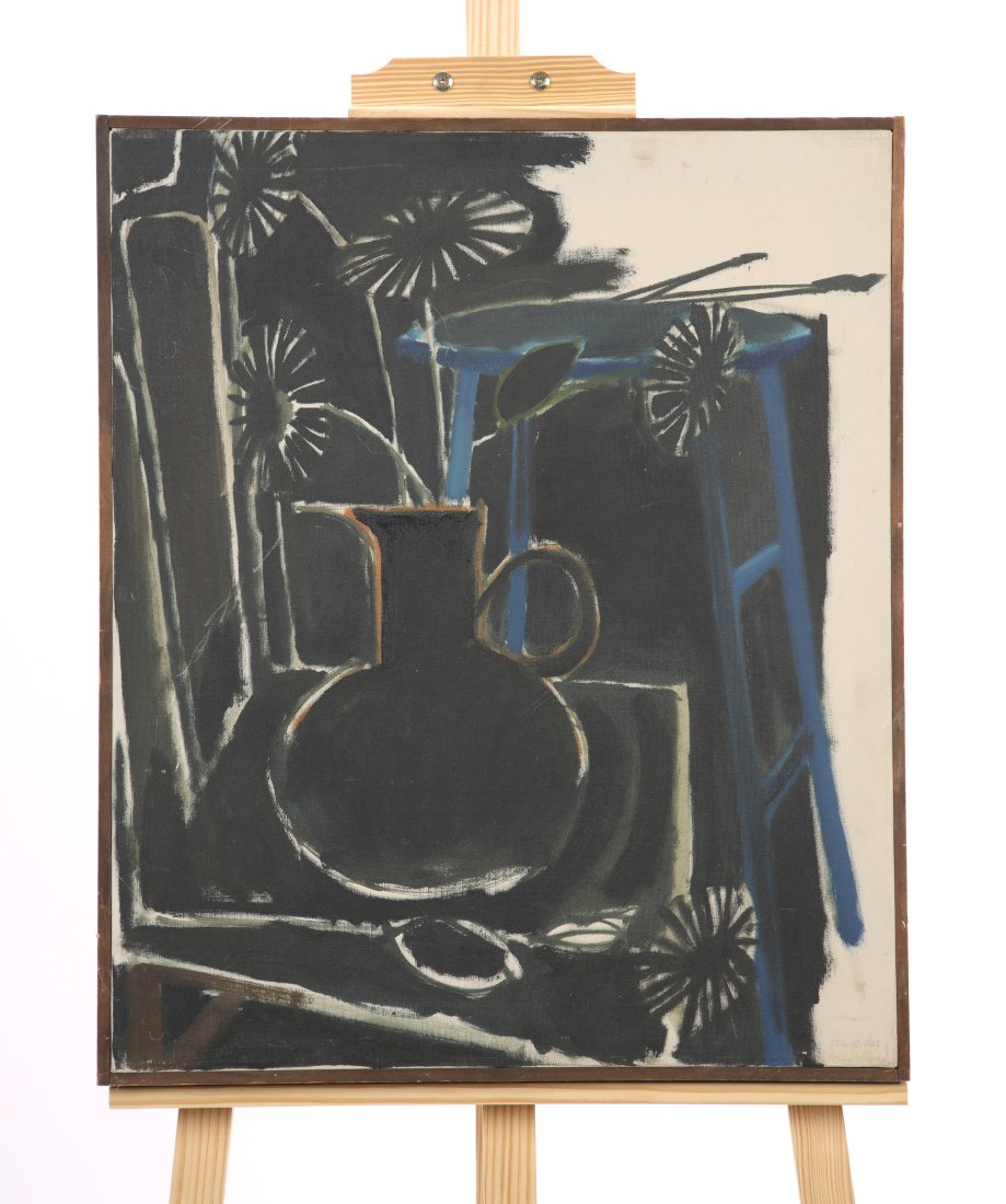 LOU MARAK Mid-Century Modern Still Life Painting: A vintage Mid Century Modern oil on canvas still life painting. Written in pencil on lower right recto Dec. 30th, 1965. From the estate of Philomene Dosek Bennett and Louis Marak. I would guess this i