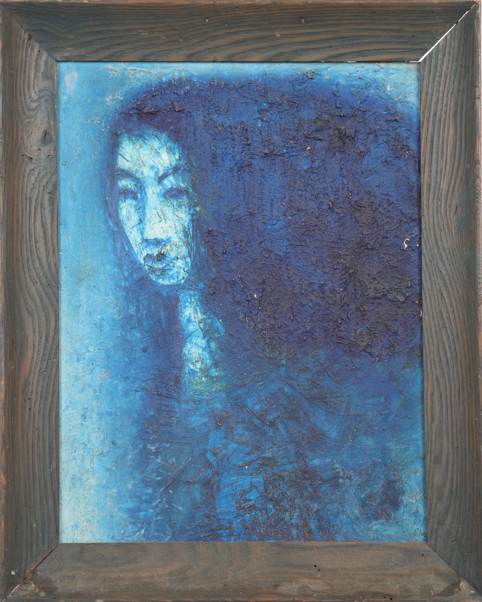 BRUCE MEYER BUCK Oil/Encaustic Painting Mid-Century Modern: A Mid Century Modern oil/ encaustic on artist board portrait of Philomene Dosek Bennet by listed artist Bruce Meyer Buck. A great moody portrait with a charming inscription on the verso: “For the wo