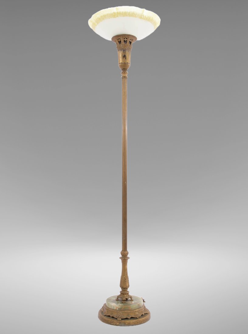 Antique Alabaster Floor Lamp: An antique floor lamp. Gilt metal with alabaster base. The shade is fluted with a raised schmalz glass rim. Lamp Measures: H: 64” x Base: W: 12” x L: 12” Shade measures: 16” x