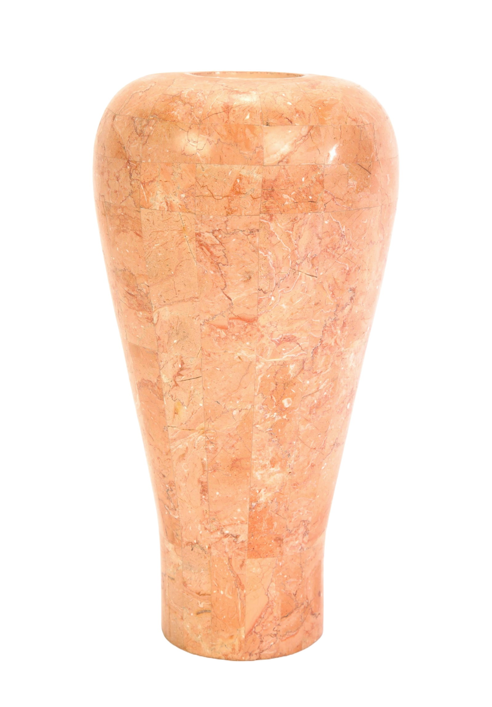 DARA INTERNATIONAL Tessellated Marble Vase 1983: A post-modern tessellated marble vase made by Dara International and dated 1983. Retains original label on base. Dimensions:H: 12" x L: 6" x W: 6"