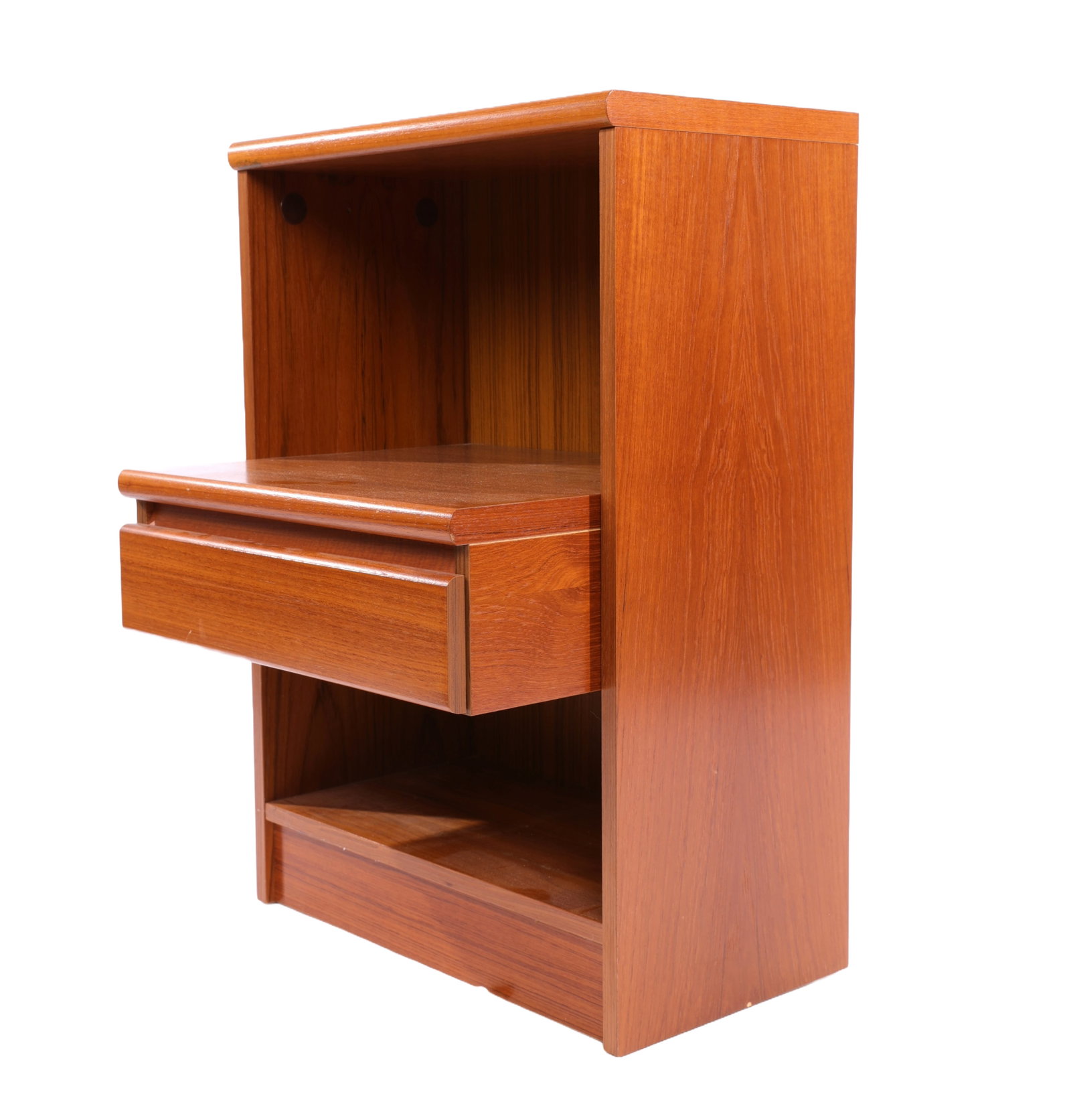 Mid-Century Modern FLOATING Single Drawer NIGHTSTAND: A Mid-Century Modern single drawer floating nightstand. Teak or Walnut? No maker's mark. Dimensions:H: 29" x L: 20" x W: 17"