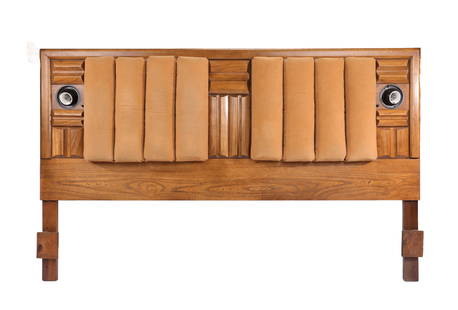 LANE BRUTALIST Mid-Century Modern Padded Headboard w/ Lights: A rare brutalist headboard in geometric form made by Lane Furniture. This piece is oak with padded center and built in round orbiter lights. Marked on back: 511-28 with serial number. Dimensions:H: 49