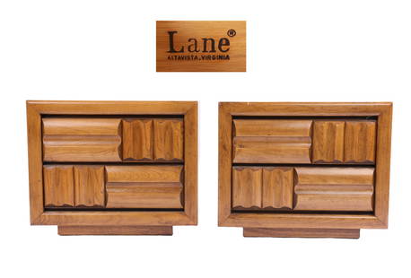 2X LANE BRUTALIST Geometric Form Night Stands Mid-Century Modern: A pair of Mid-Century Modern brutalist geometric form oak night stands made by Lane Furniture. Dimensions: (each)H: 23" x L: 28" x D: 16"