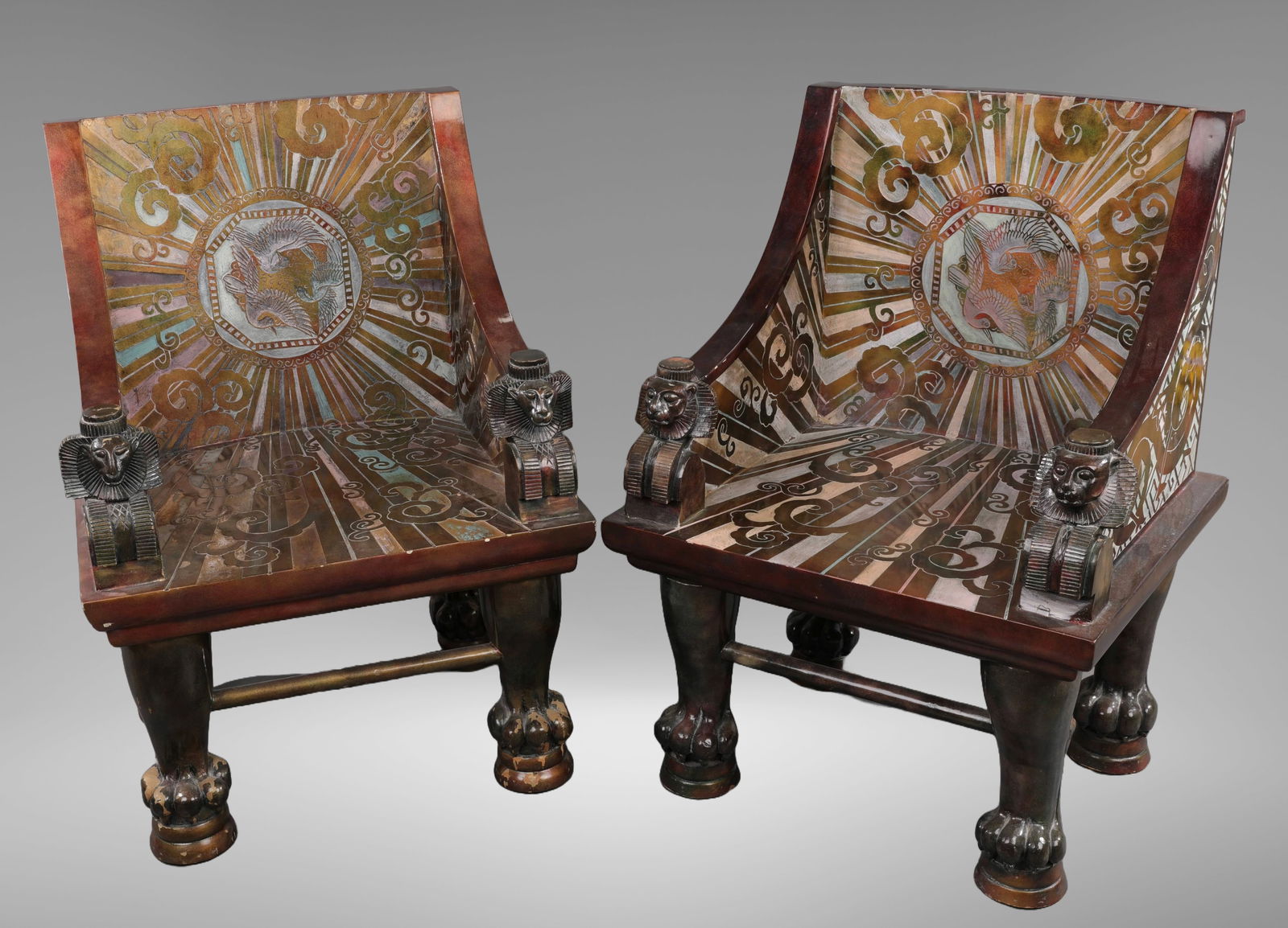 PAIR EGYPTIAN REVIVAL LACQUERED PARCEL GILT THRONE CHAIRS (1 of 11)